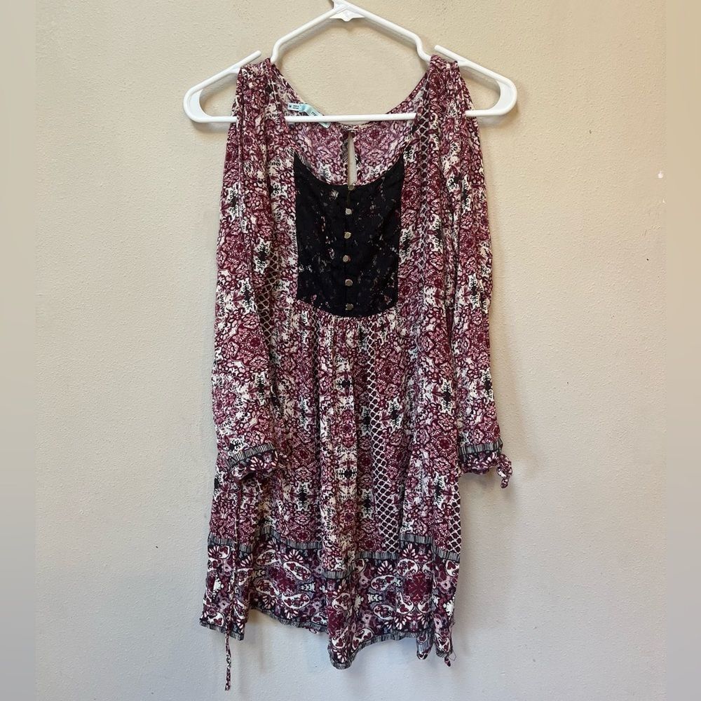 Boho Floral Mini Dress Burgundy Cottagecore Flowy Tie Back Medium - Picture 11 of 11